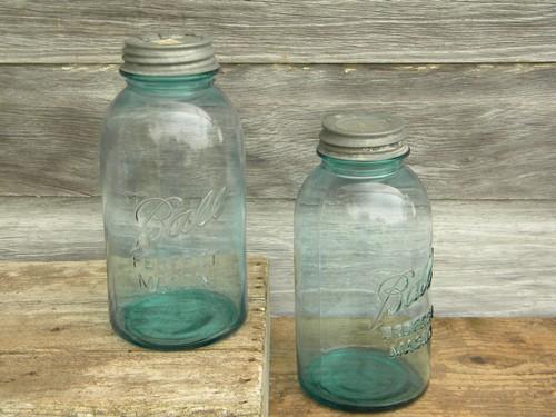 photo of old blue glass Ball Perfect Mason fruit jars w/zinc caps, 2 quart size #1