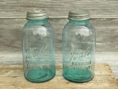 photo of old blue glass Ball Perfect Mason fruit jars w/zinc caps, 2 quart size #2