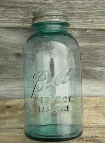 photo of old blue glass Ball Perfect Mason fruit jars w/zinc caps, 2 quart size #3