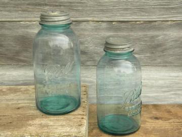 catalog photo of old blue glass Ball Perfect Mason fruit jars w/zinc caps, 2 quart size