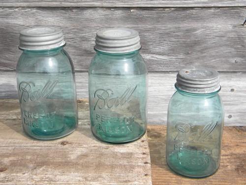 photo of old blue glass Ball Perfect Mason storage jars or canisters, lot of 3 #1