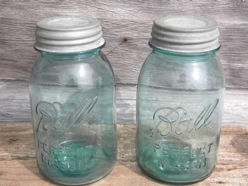 photo of old blue glass Ball Perfect Mason storage jars or canisters, lot of 3 #2