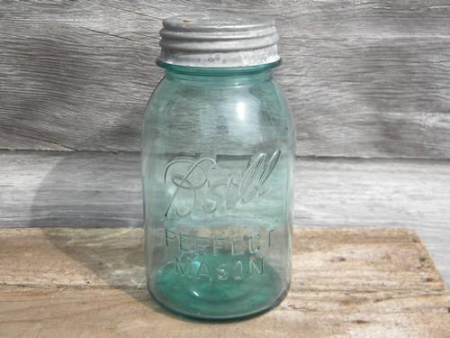 photo of old blue glass Ball Perfect Mason storage jars or canisters, lot of 3 #3