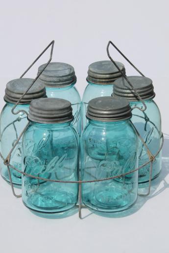 photo of old blue glass canning jars, six vintage Ball mason jars w/ wire jar rack carrier #1