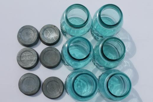 photo of old blue glass canning jars, six vintage Ball mason jars w/ wire jar rack carrier #2