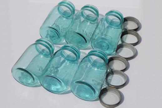 photo of old blue glass canning jars, six vintage Ball mason jars w/ wire jar rack carrier #3