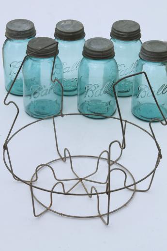 photo of old blue glass canning jars, six vintage Ball mason jars w/ wire jar rack carrier #4