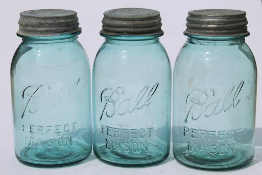 photo of old blue glass canning jars, six vintage Ball mason jars w/ wire jar rack carrier #8