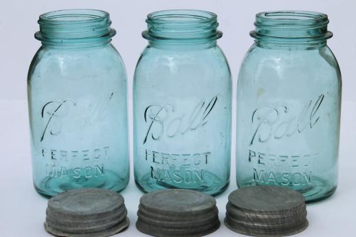 photo of old blue glass canning jars, six vintage Ball mason jars w/ wire jar rack carrier #9