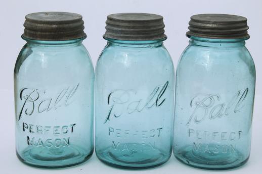 photo of old blue glass canning jars, six vintage Ball mason jars w/ wire jar rack carrier #10