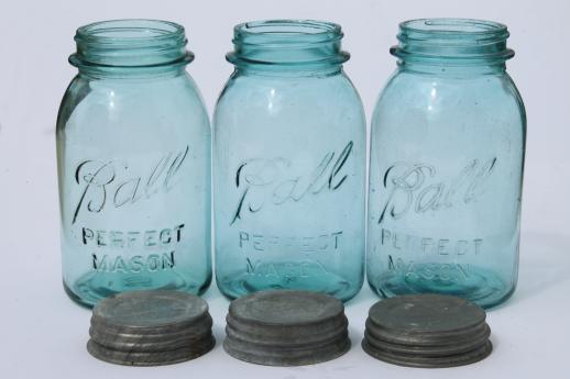 photo of old blue glass canning jars, six vintage Ball mason jars w/ wire jar rack carrier #11