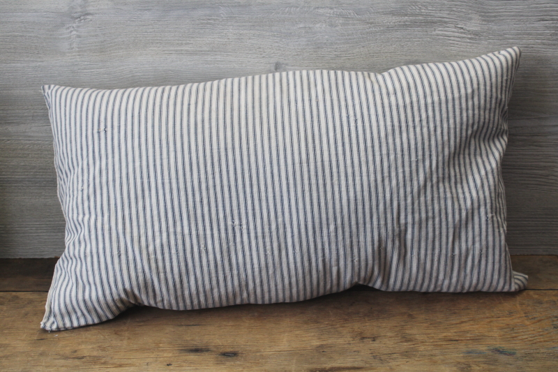photo of old blue striped cotton ticking feather pillow, long narrow pillow for bench or bunk  #1
