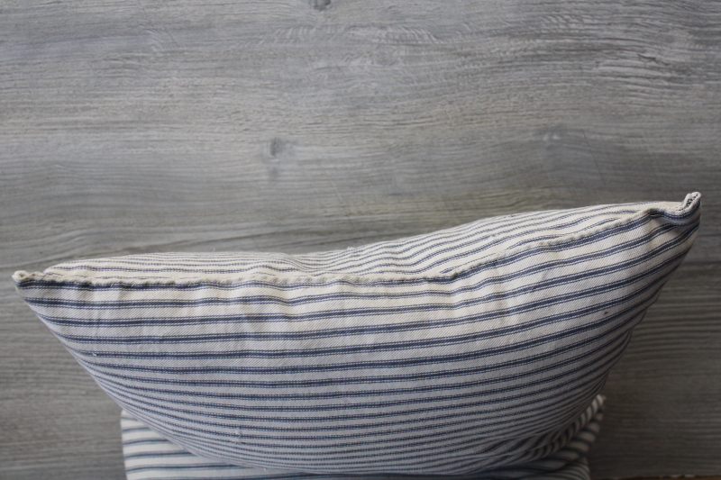 photo of old blue striped cotton ticking feather pillow, long narrow pillow for bench or bunk  #2