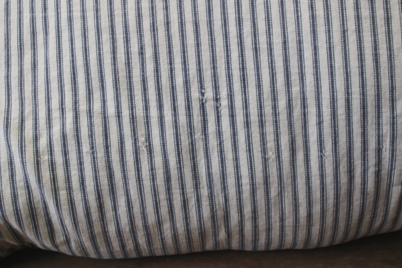 photo of old blue striped cotton ticking feather pillow, long narrow pillow for bench or bunk  #3