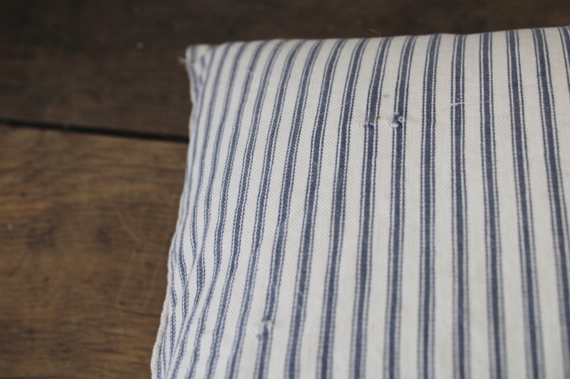 photo of old blue striped cotton ticking feather pillow, long narrow pillow for bench or bunk  #4