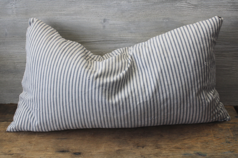photo of old blue striped cotton ticking feather pillow, long narrow pillow for bench or bunk  #5