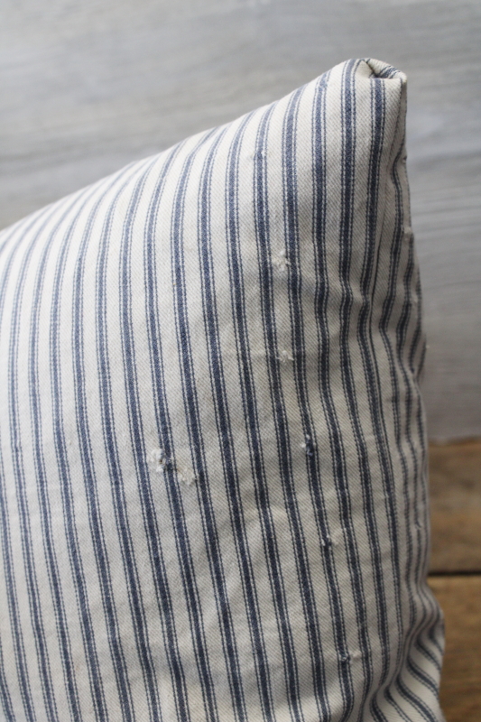 photo of old blue striped cotton ticking feather pillow, long narrow pillow for bench or bunk  #6