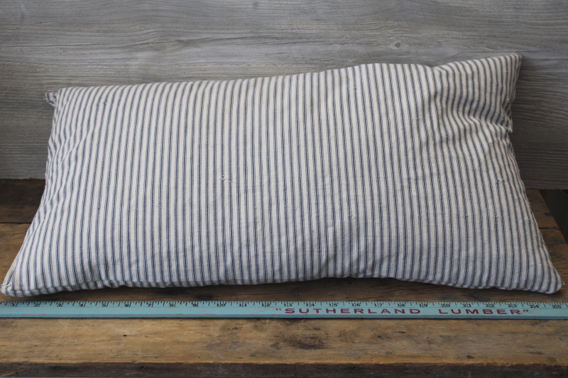 photo of old blue striped cotton ticking feather pillow, long narrow pillow for bench or bunk  #8