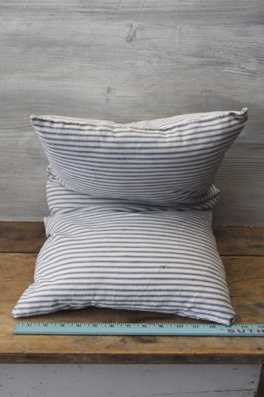 photo of old blue striped cotton ticking feather pillow, long narrow pillow for bench or bunk  #9