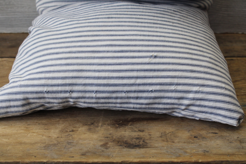 photo of old blue striped cotton ticking feather pillow, long narrow pillow for bench or bunk  #10