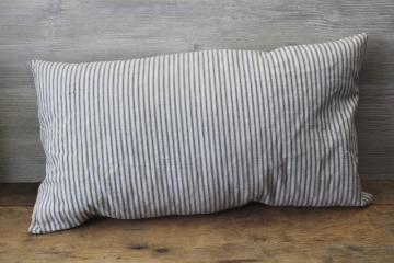 catalog photo of old blue striped cotton ticking feather pillow, long narrow pillow for bench or bunk 