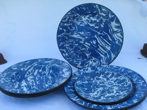 photo of old blue & white swirl enamelware, vintage graniteware camp plates, soup bowls #1