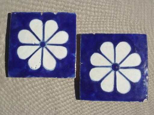 photo of old blue & white  tiles, vintage cobalt blue flowered terracotta pottery tiles #1