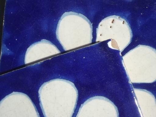 photo of old blue & white  tiles, vintage cobalt blue flowered terracotta pottery tiles #5