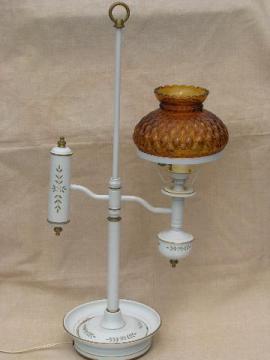 catalog photo of old bouillotte desk / table lamp, vintage tole w/ amber glass shade