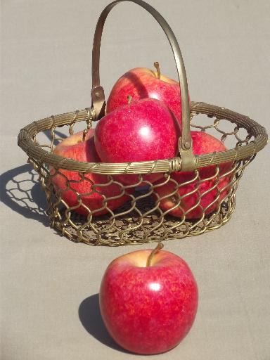 photo of old brass basket full of autumn apples, rustic fruit centerpiece for fall  #1