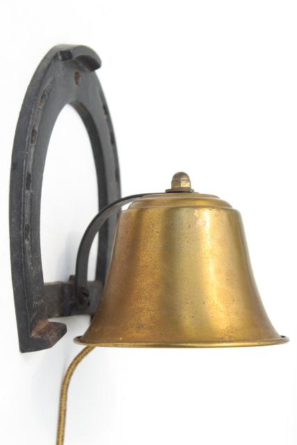 photo of old brass bell w/ iron horseshoe hanger, cowboy dinner bell, Texas western ranch style #1