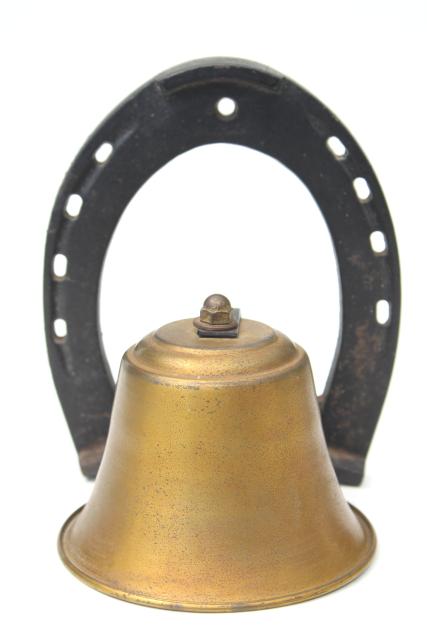 photo of old brass bell w/ iron horseshoe hanger, cowboy dinner bell, Texas western ranch style #2