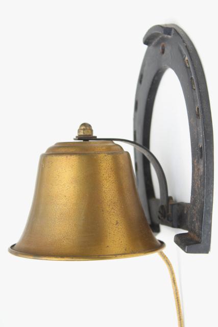 photo of old brass bell w/ iron horseshoe hanger, cowboy dinner bell, Texas western ranch style #3