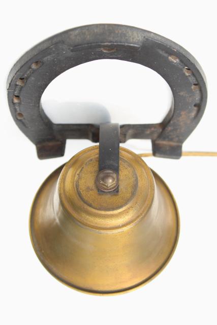 photo of old brass bell w/ iron horseshoe hanger, cowboy dinner bell, Texas western ranch style #4