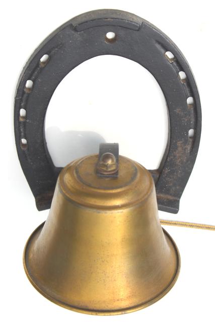 photo of old brass bell w/ iron horseshoe hanger, cowboy dinner bell, Texas western ranch style #5