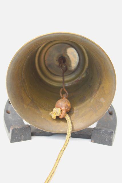 photo of old brass bell w/ iron horseshoe hanger, cowboy dinner bell, Texas western ranch style #6