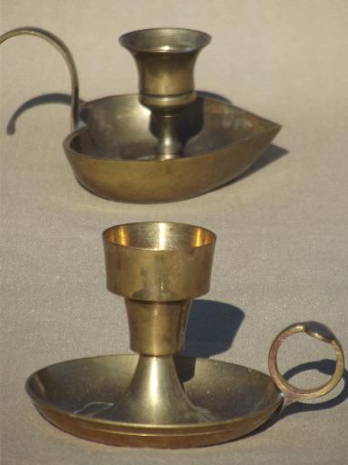 photo of old brass chamber candle sticks, finger ring candle holder for single taper #1