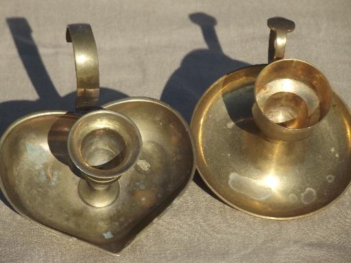 photo of old brass chamber candle sticks, finger ring candle holder for single taper #3