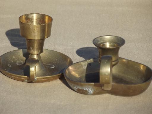 photo of old brass chamber candle sticks, finger ring candle holder for single taper #5