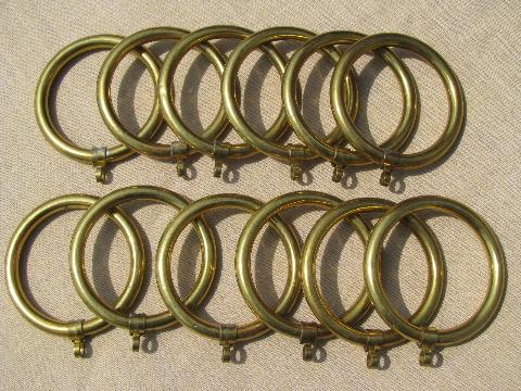 photo of old brass curtain rings for cafe curtains, vintage drapery hardware lot #1