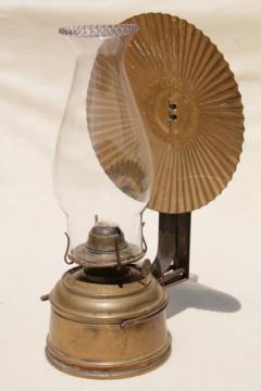 catalog photo of old brass oil lamp wall mount kerosene light w/ tin reflector and glass chimney