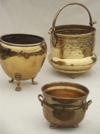 photo of old brass planters & bowls, solid brass bucket & paw foot planter lot #1