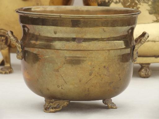 photo of old brass planters & bowls, solid brass bucket & paw foot planter lot #2