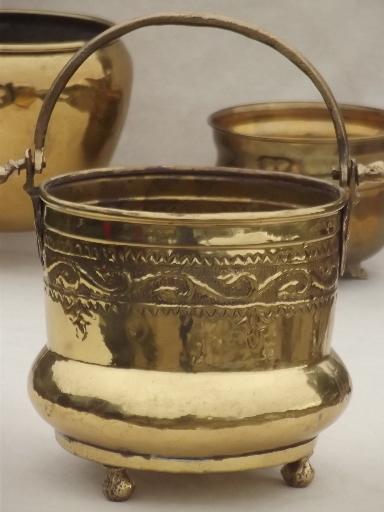 photo of old brass planters & bowls, solid brass bucket & paw foot planter lot #4