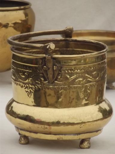 photo of old brass planters & bowls, solid brass bucket & paw foot planter lot #5