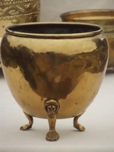 photo of old brass planters & bowls, solid brass bucket & paw foot planter lot #6