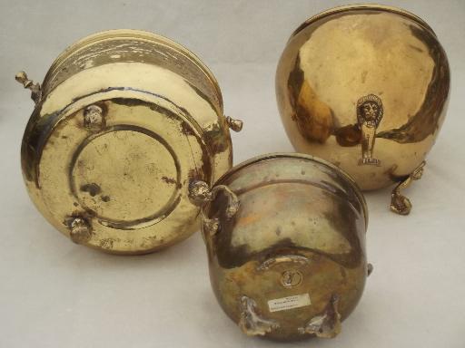 photo of old brass planters & bowls, solid brass bucket & paw foot planter lot #8