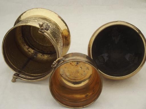 photo of old brass planters & bowls, solid brass bucket & paw foot planter lot #9