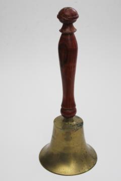 catalog photo of old brass school bell, wood handled hand bell w/ good loud ring, farm dinner bell