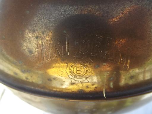 photo of old brass spittoon, vintage Jim Beam engraved mark #4